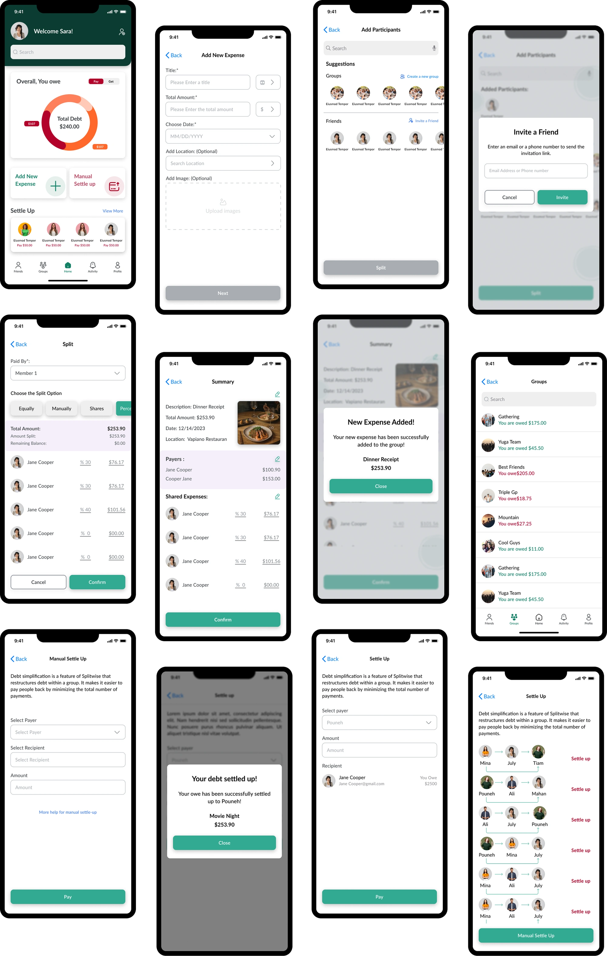 High-fidelity UI screens for the redesigned add expense and settle up flows